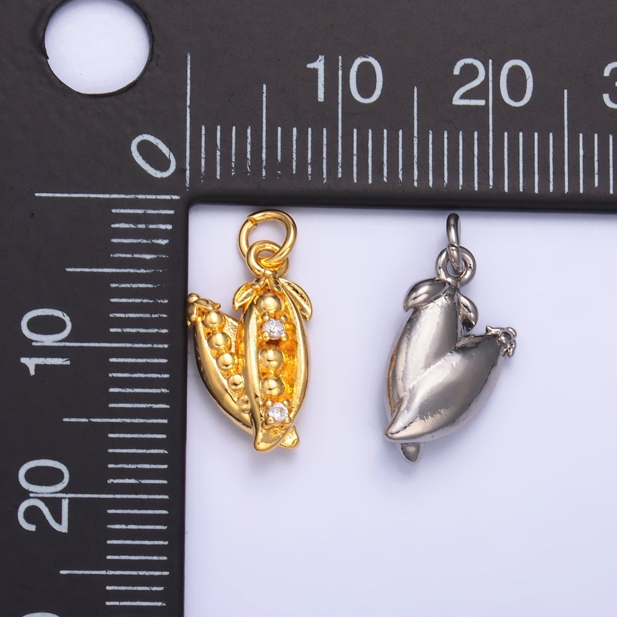 24K Gold Filled CZ Pea Pods Fruit Multidimensional 3D Charm in Gold & Silver | M173