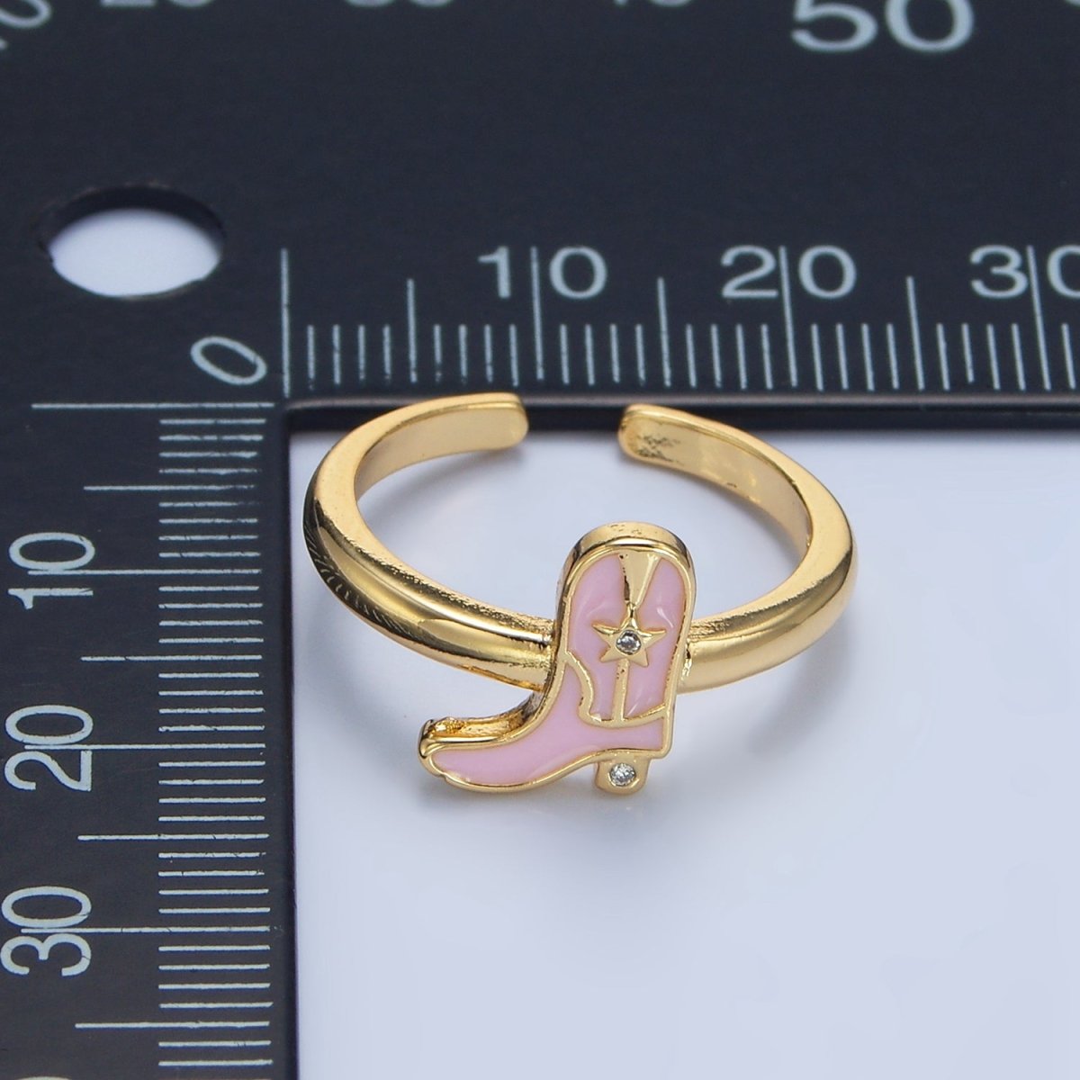 24K Gold Filled CZ Pink Enamel Cowboy Boots Ring | O979 - DLUXCA