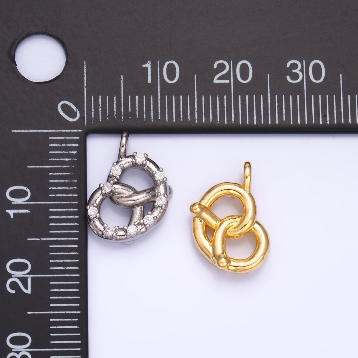 24K Gold Filled CZ Pretzel Pastry Food Charm in Gold & Silver | W340