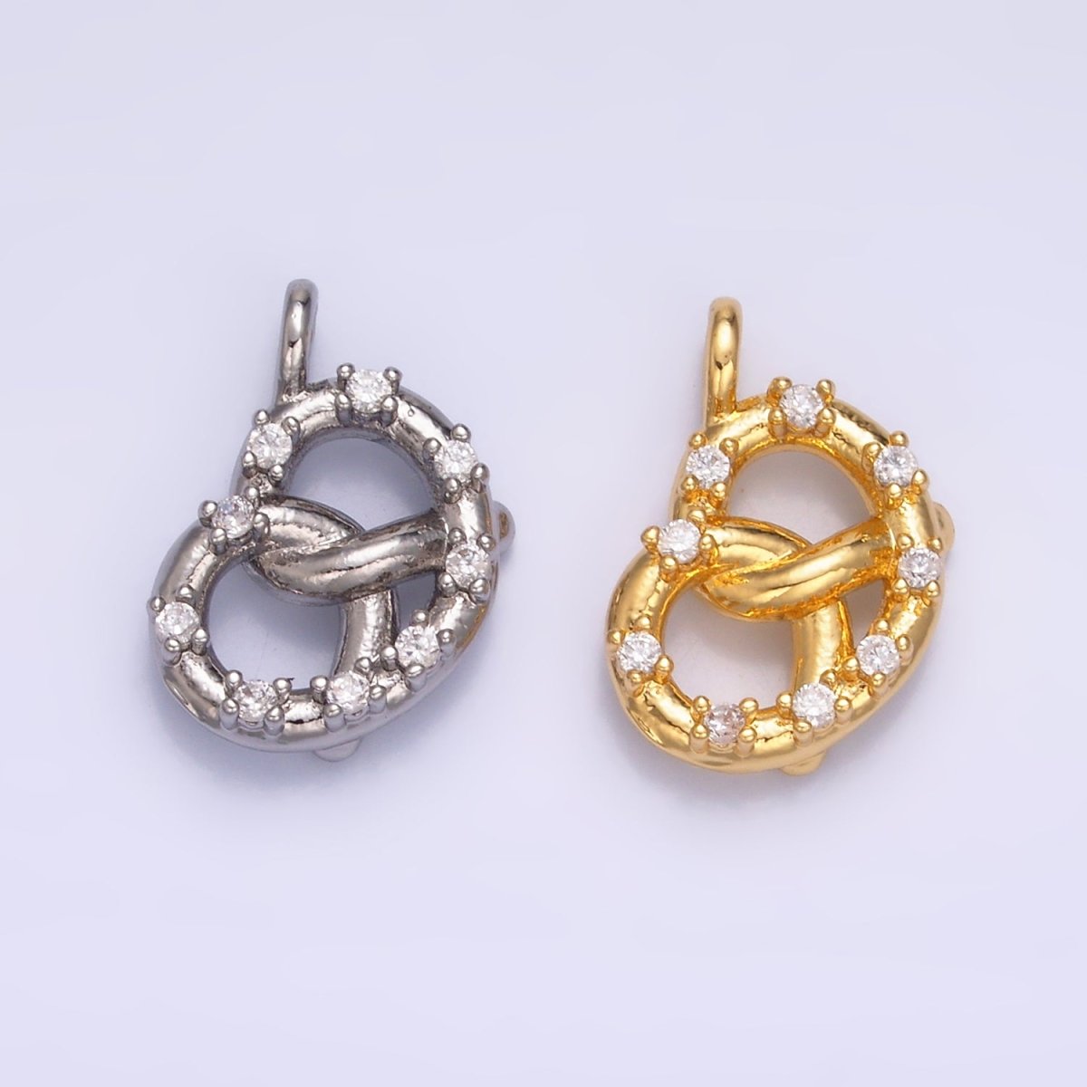24K Gold Filled CZ Pretzel Pastry Food Charm in Gold & Silver | W340