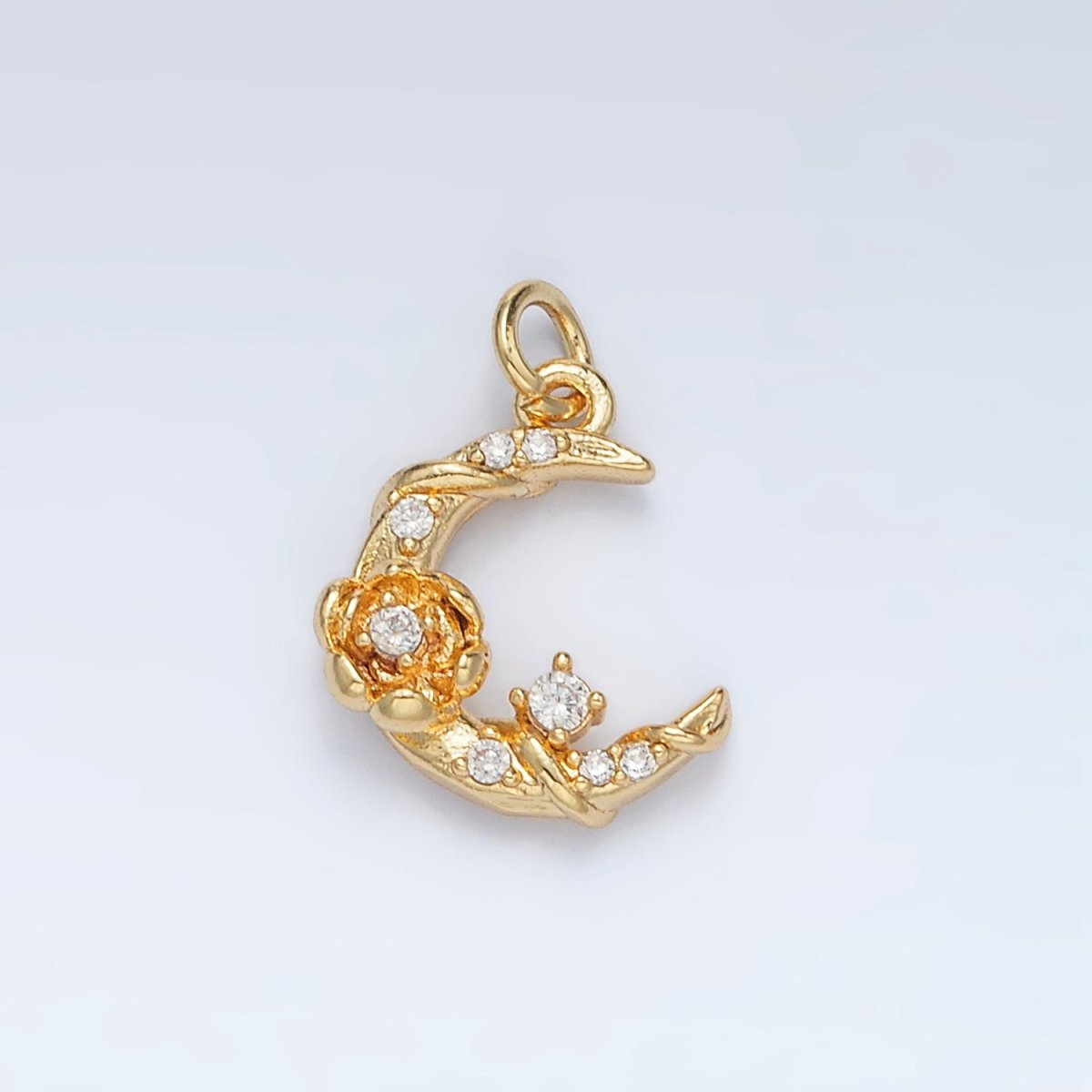 24K Gold Filled CZ Rose Flower Crescent Moon Celestial Charm | AC143 - DLUXCA