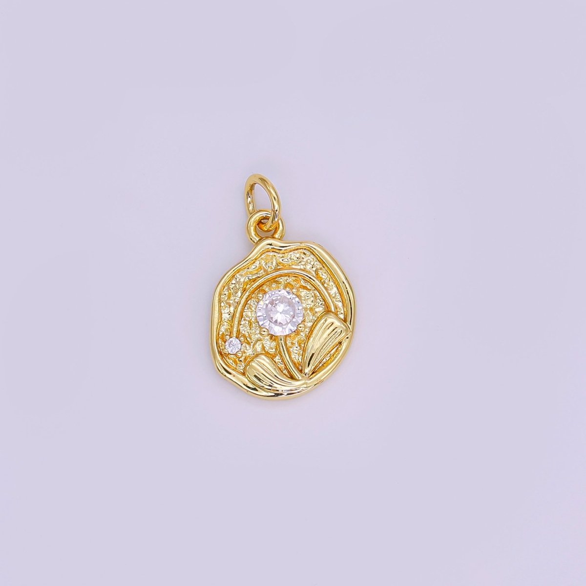 24K Gold Filled CZ Rose Flower Hammered Round Charm | AF423 - DLUXCA