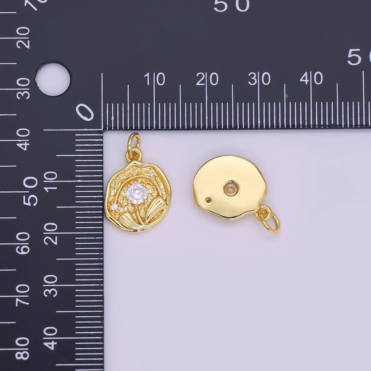 24K Gold Filled CZ Rose Flower Hammered Round Charm | AF423 - DLUXCA