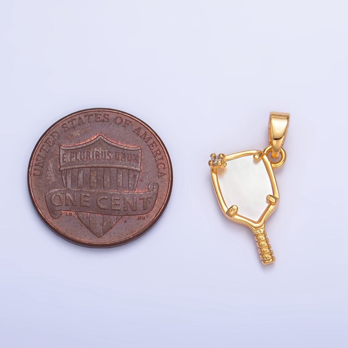 24K Gold Filled CZ Shell Pearl Pickle Ball Racket Pendant in Gold & Silver | AA1017