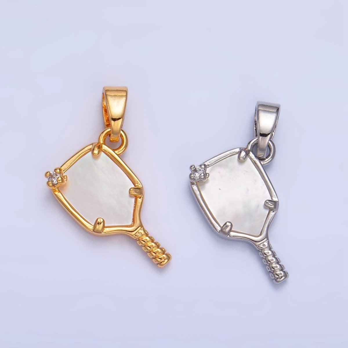 24K Gold Filled CZ Shell Pearl Pickle Ball Racket Pendant in Gold & Silver | AA1017