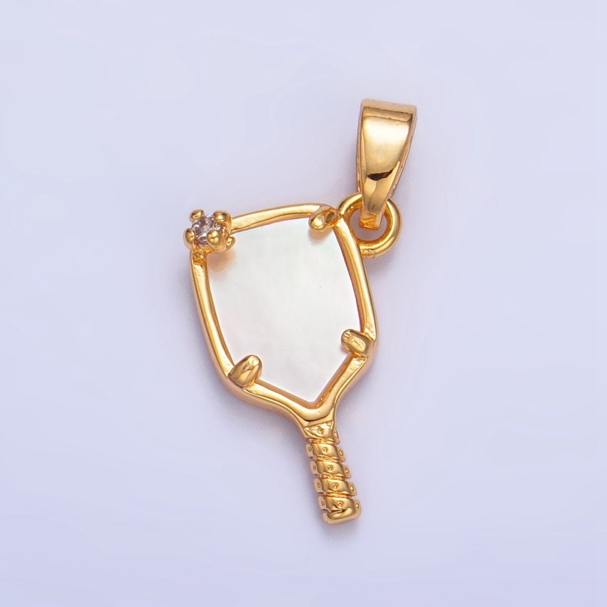 24K Gold Filled CZ Shell Pearl Pickle Ball Racket Pendant in Gold & Silver | AA1017