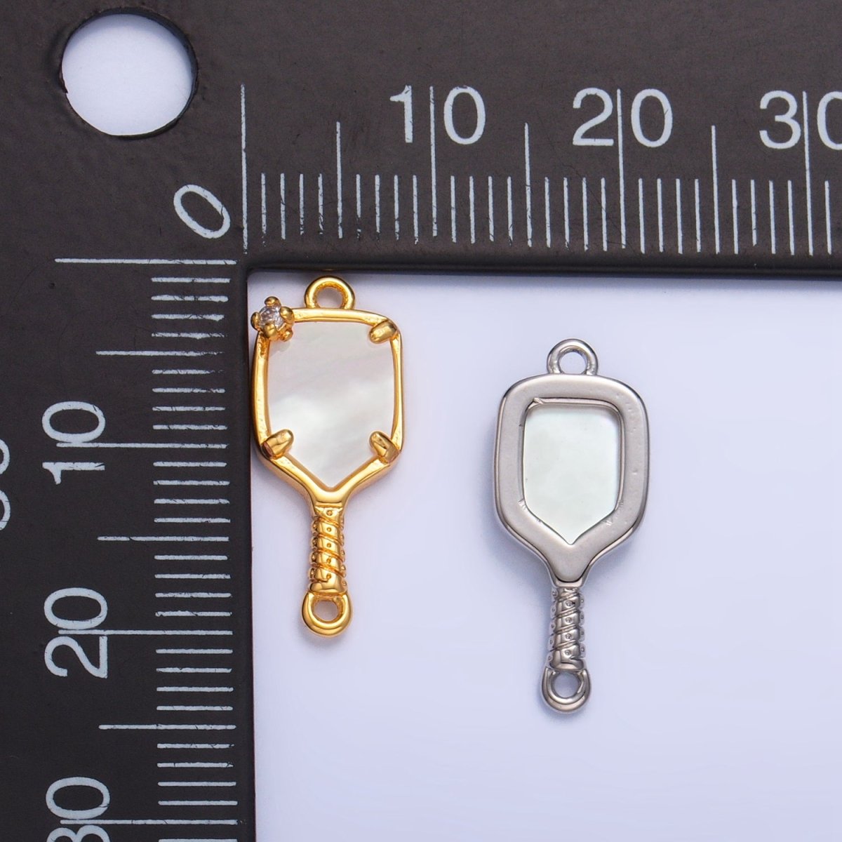 24K Gold Filled CZ Shell Pearl Pickle Ball Racket Pendant in Gold & Silver | F730