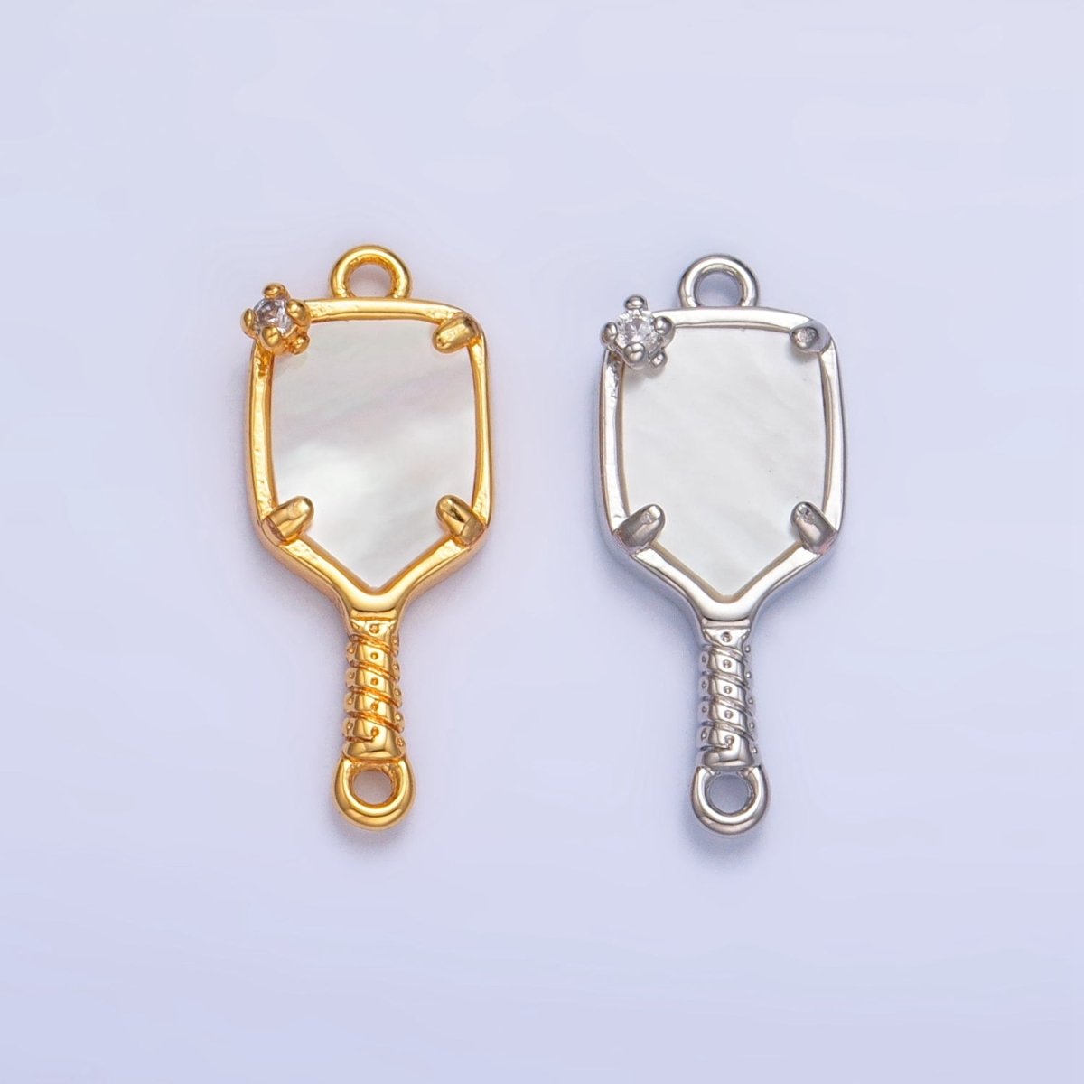 24K Gold Filled CZ Shell Pearl Pickle Ball Racket Pendant in Gold & Silver | F730