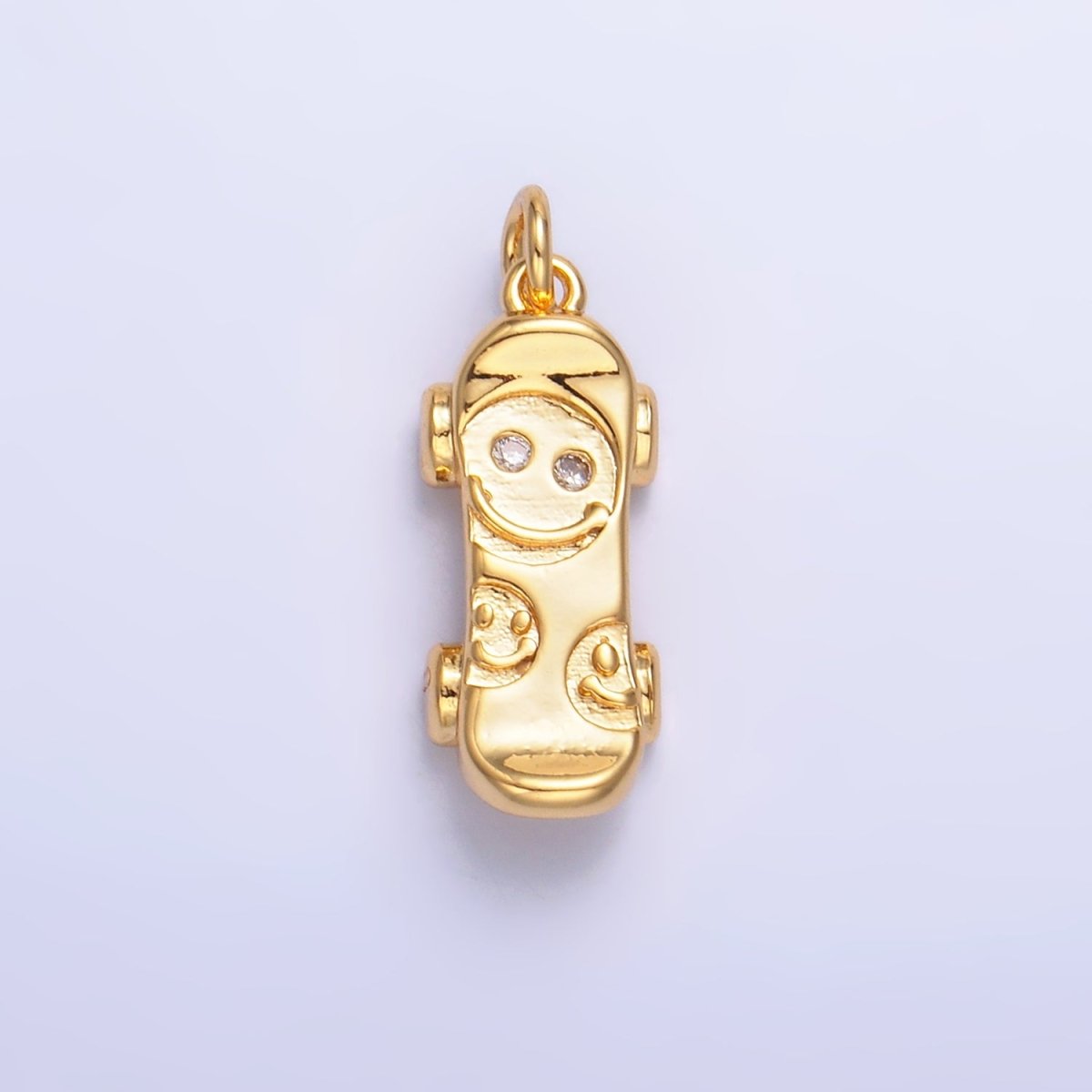 24K Gold Filled CZ Smiley Face Skateboard Charm in Gold & Silver | W792