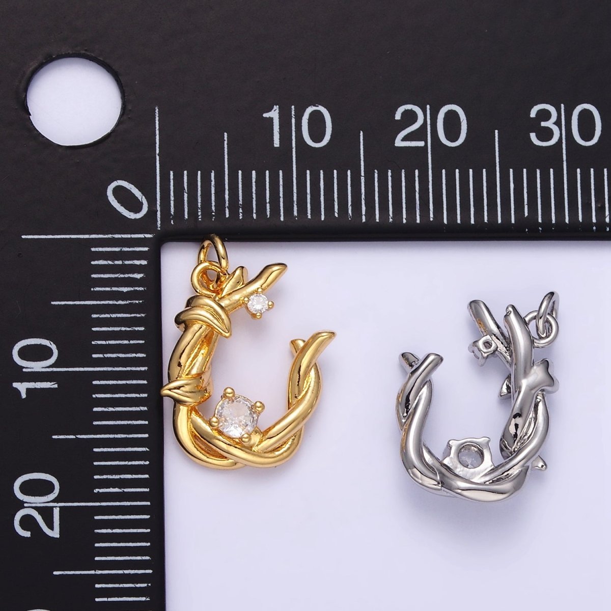 24K Gold Filled CZ U-Shaped Nature Leaf Horseshoe Charm in Gold & Silver | AG846