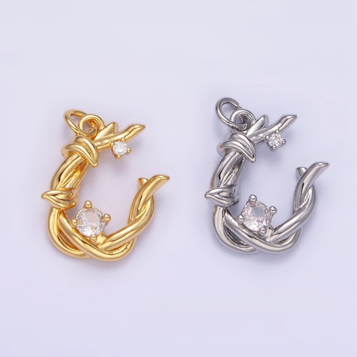 24K Gold Filled CZ U-Shaped Nature Leaf Horseshoe Charm in Gold & Silver | AG846