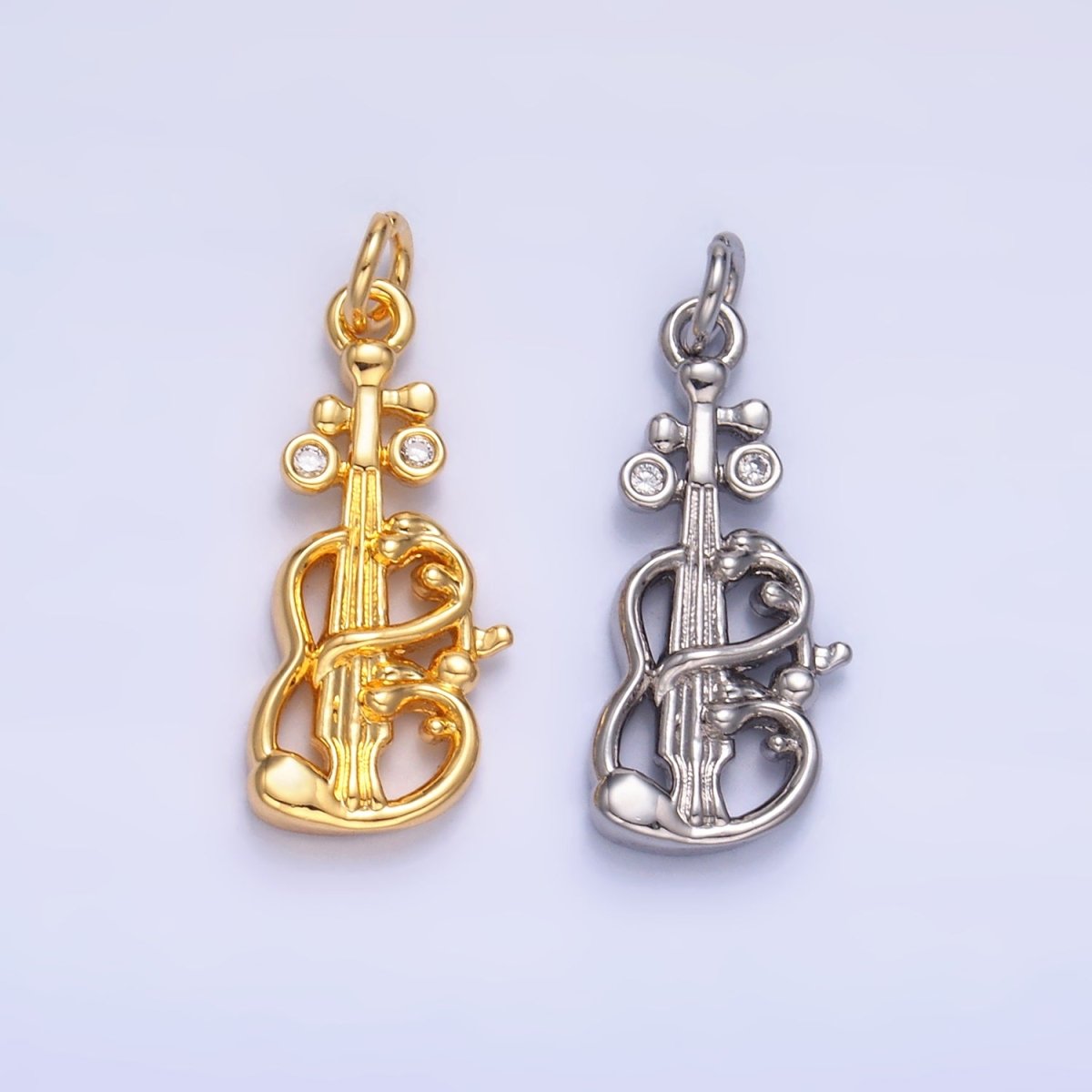 24K Gold Filled CZ Violin Cello Music Instrument Charm in Gold & Silver | W369