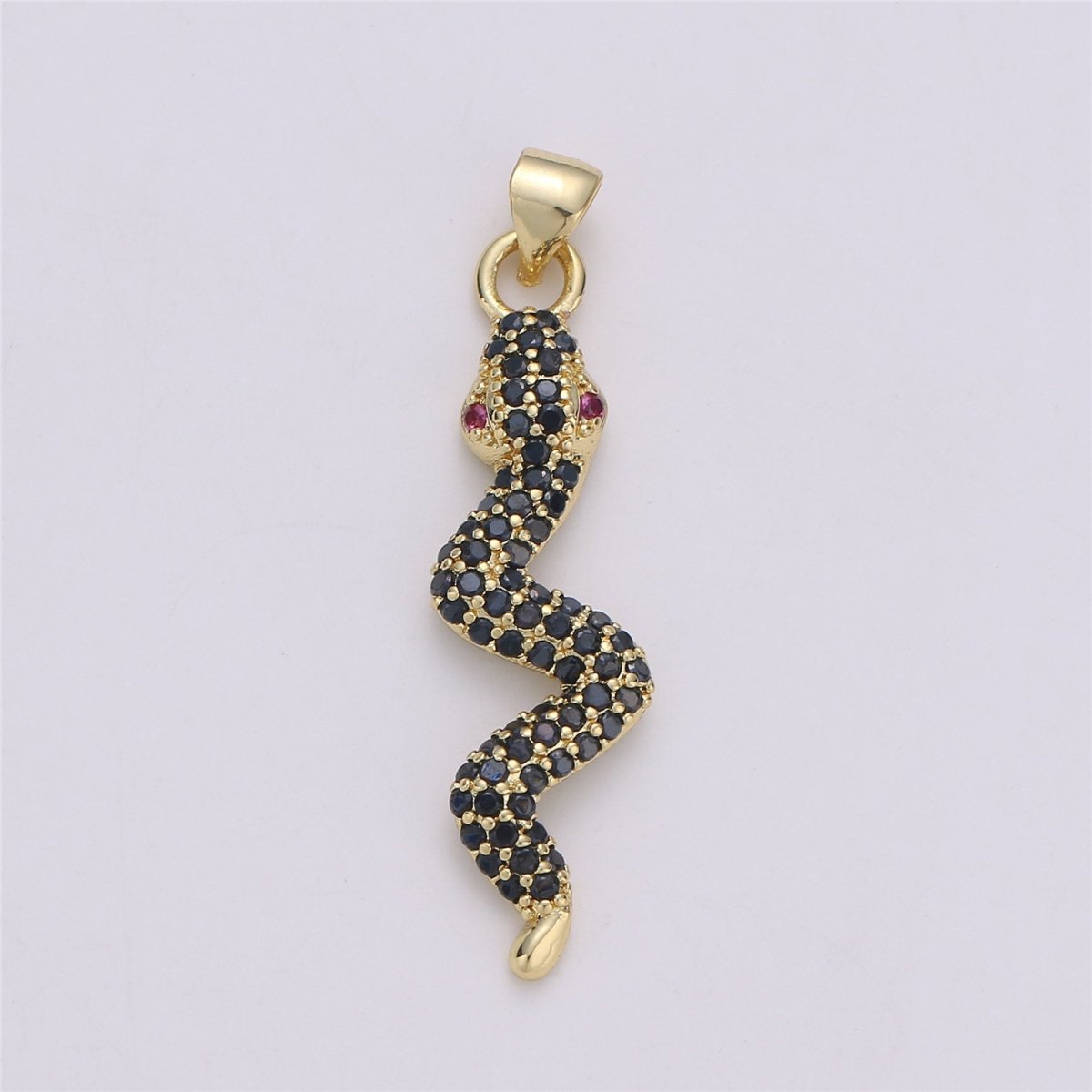 24K Gold Filled Dainty Black Snake Pendant with Micro Pave Pink Cubic Zirconia CZ Stone for Necklace or Bracelet I-573 - DLUXCA