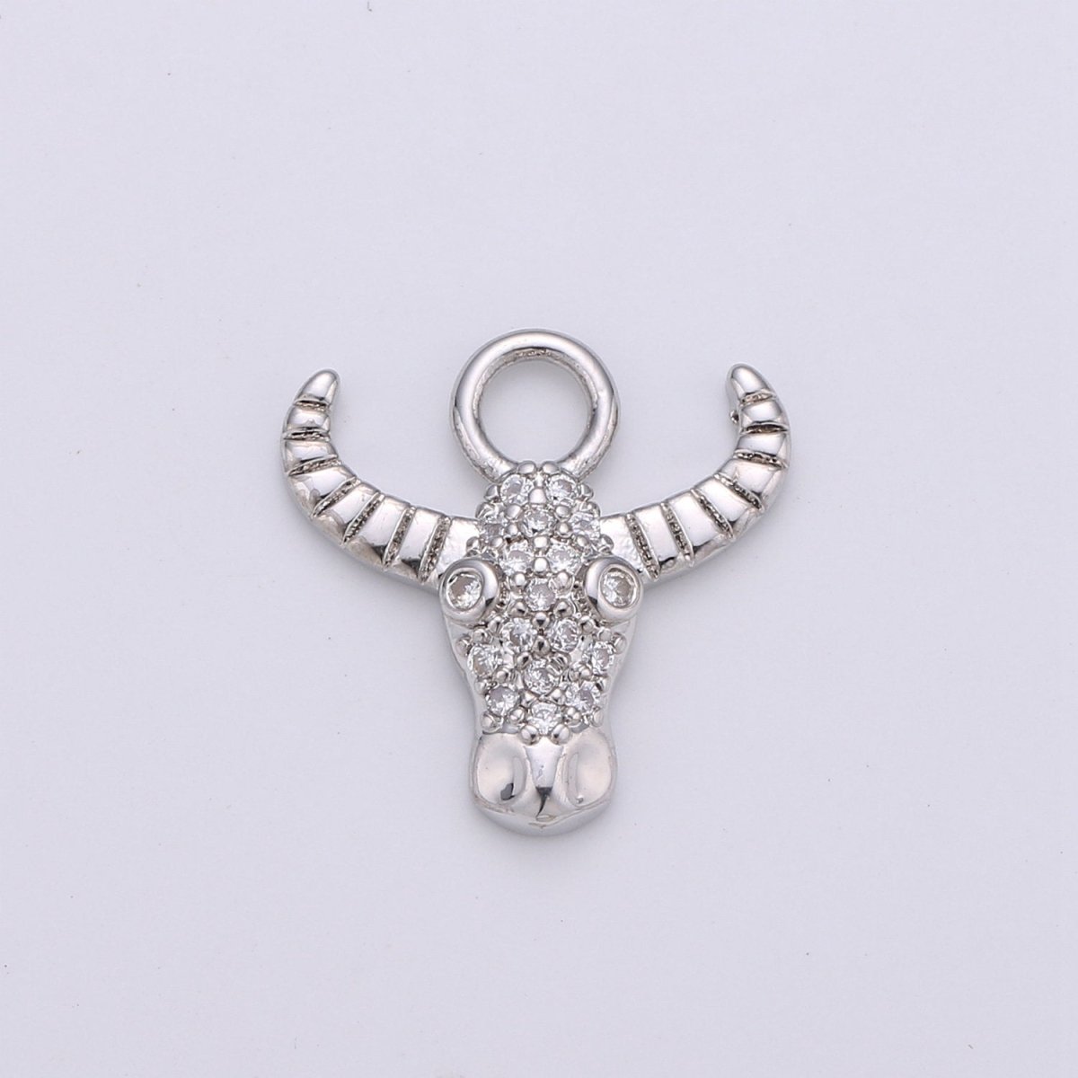 Silver Dainty Bull Head Charm with Micro Pave Cubic Zirconia CZ Stone for Cow Animal Necklace or Bracelet Component C-935,C-936