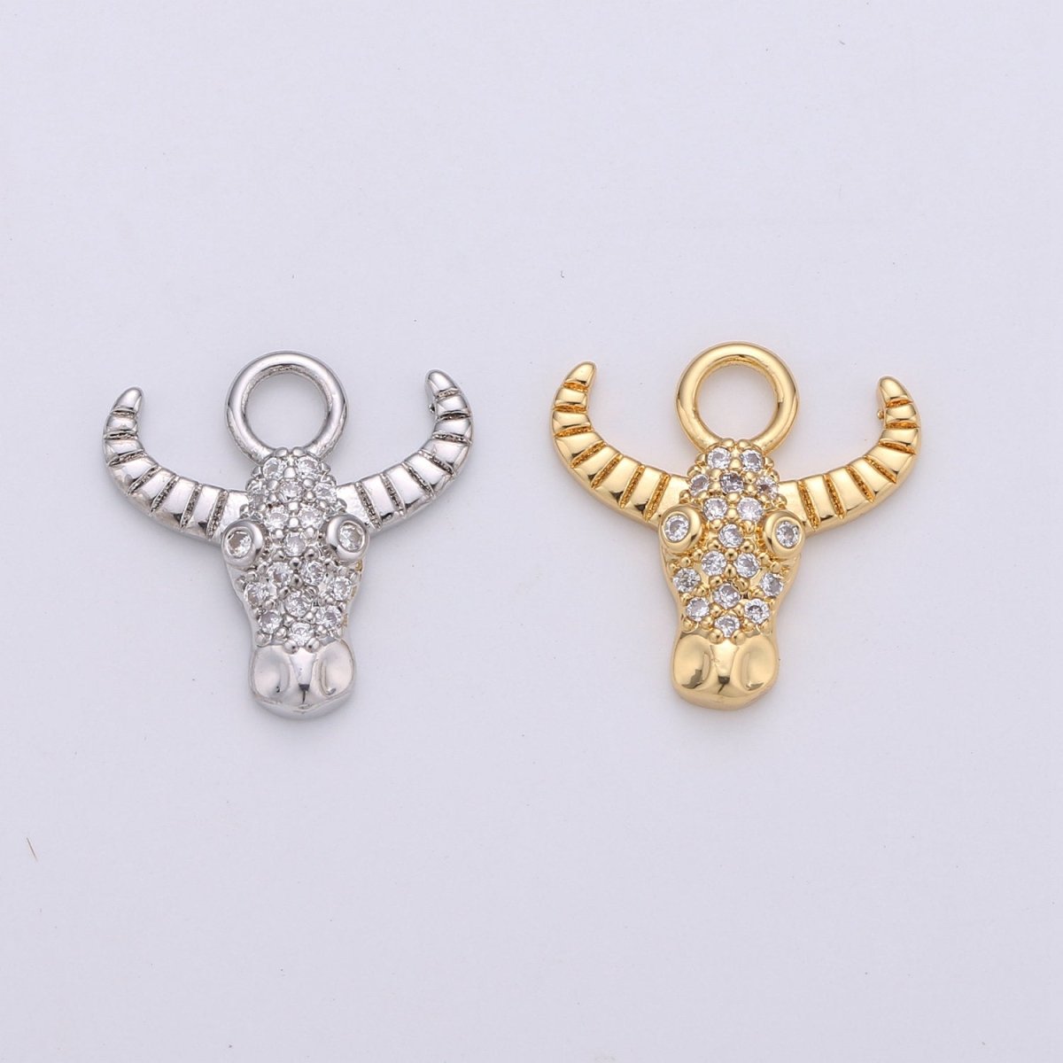 Silver Dainty Bull Head Charm with Micro Pave Cubic Zirconia CZ Stone for Cow Animal Necklace or Bracelet Component C-935,C-936