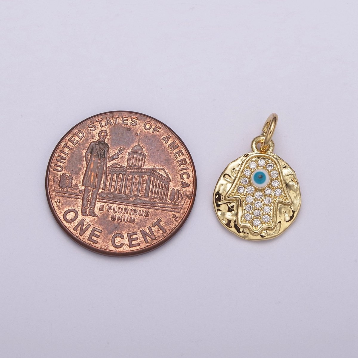 24K Gold Filled Dainty Micro Paved CZ Hamsa Hand of Fatima Rustic Coin Charm N-238