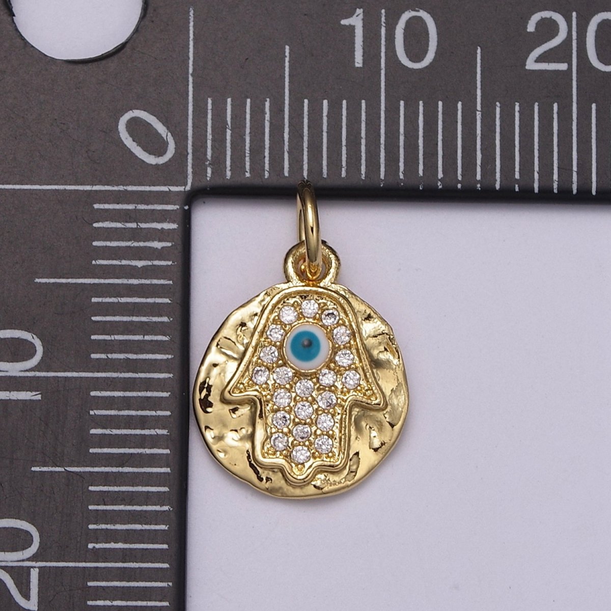 24K Gold Filled Dainty Micro Paved CZ Hamsa Hand of Fatima Rustic Coin Charm N-238
