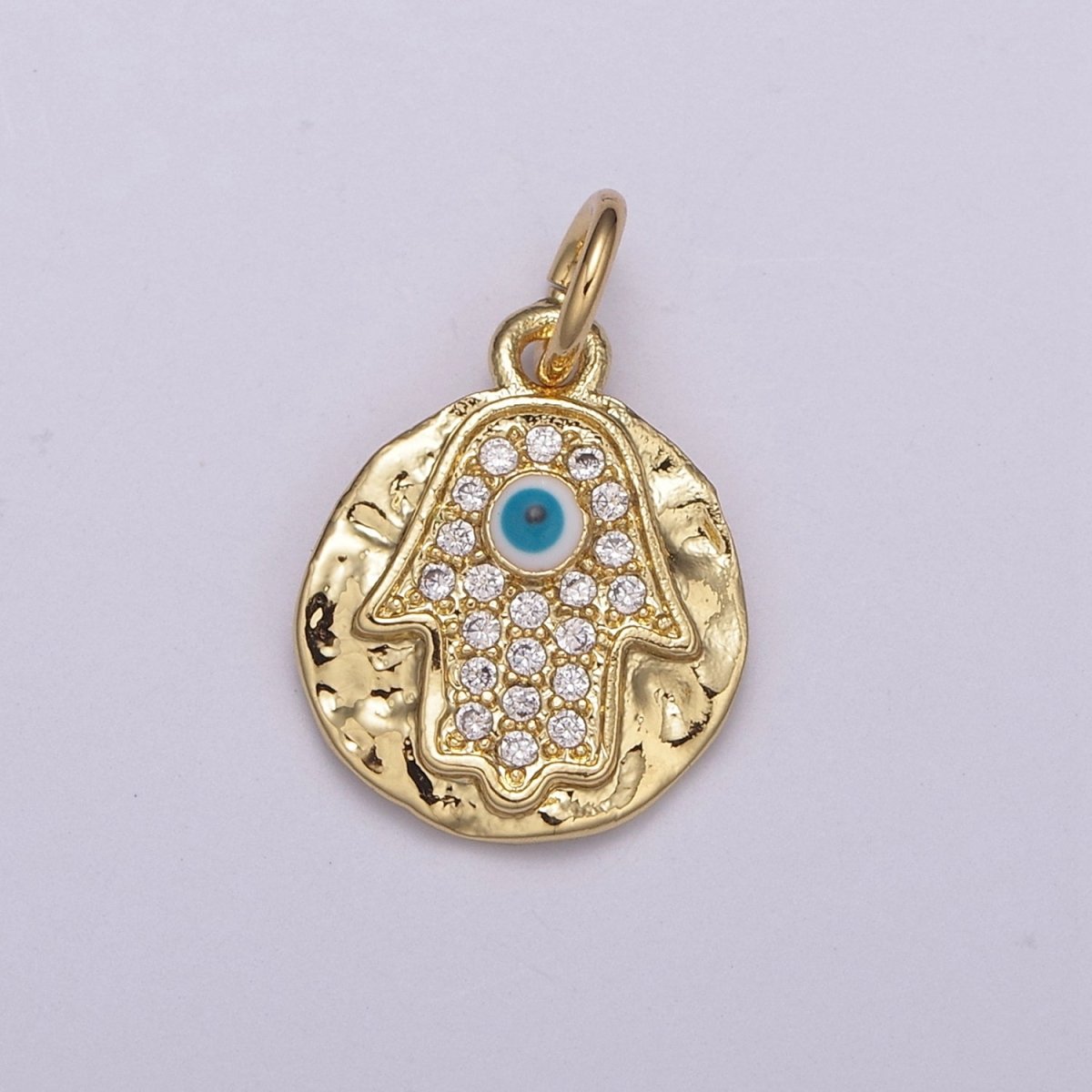 24K Gold Filled Dainty Micro Paved CZ Hamsa Hand of Fatima Rustic Coin Charm N-238