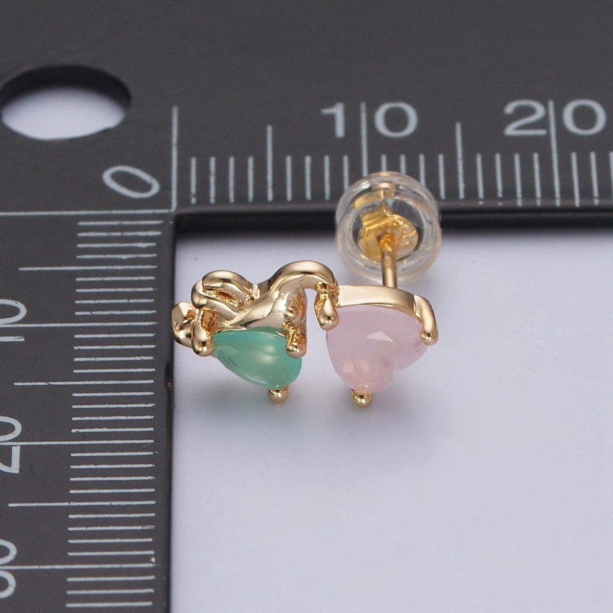 24K Gold Filled Dainty Pink CZ Heart with Green CZ Elephant Stud Earrings P-429 - DLUXCA
