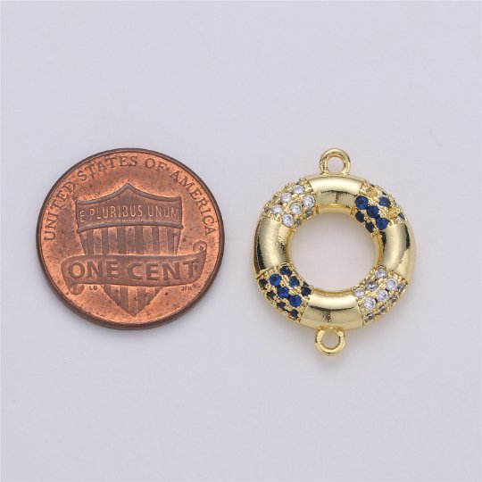24K Gold Filled Dainty Round Navy Float Charm with Micro Pave Cubic Zirconia CZ Stone for Lifeguard Necklace or Bracelet F-354 - DLUXCA