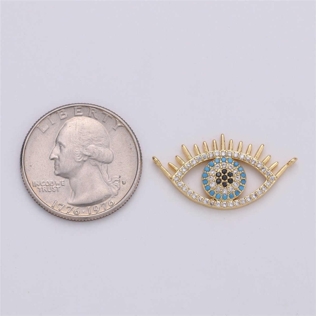 24K Gold Filled Dainty Turquoise Evil Eye Connector with Micro Pave Cubic Zirconia CZ Stone for Amulet Necklace or Bracelet F-352
