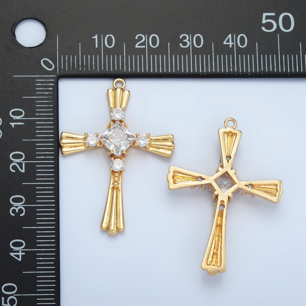 24k Gold Filled Diamond CZ Line Textured Religious Cross Charm | M - 016 - DLUXCA