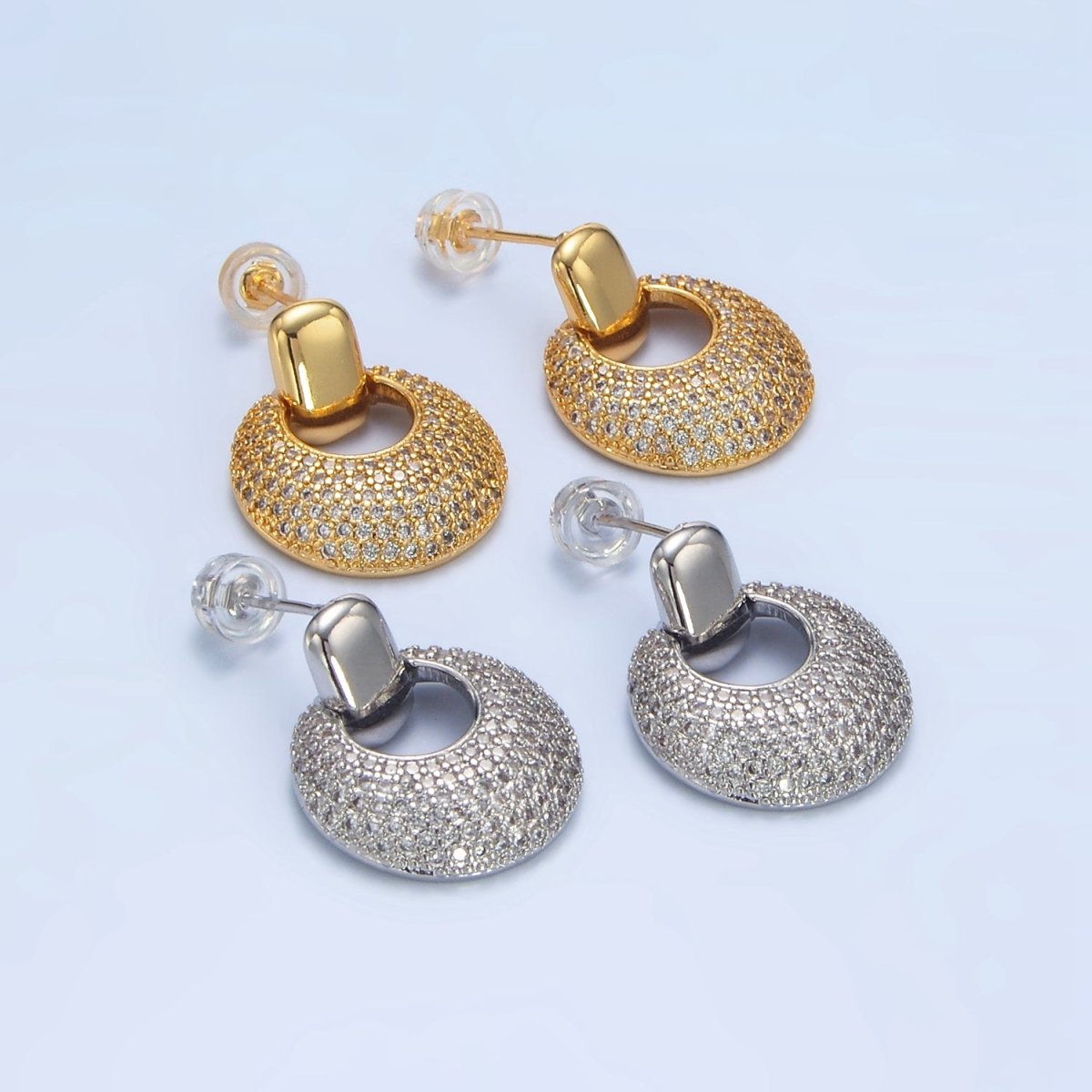 24K Gold Filled Dome Micro Paved CZ Door Knocker Drop Stud Earrings in Gold & Silver | P113 P121