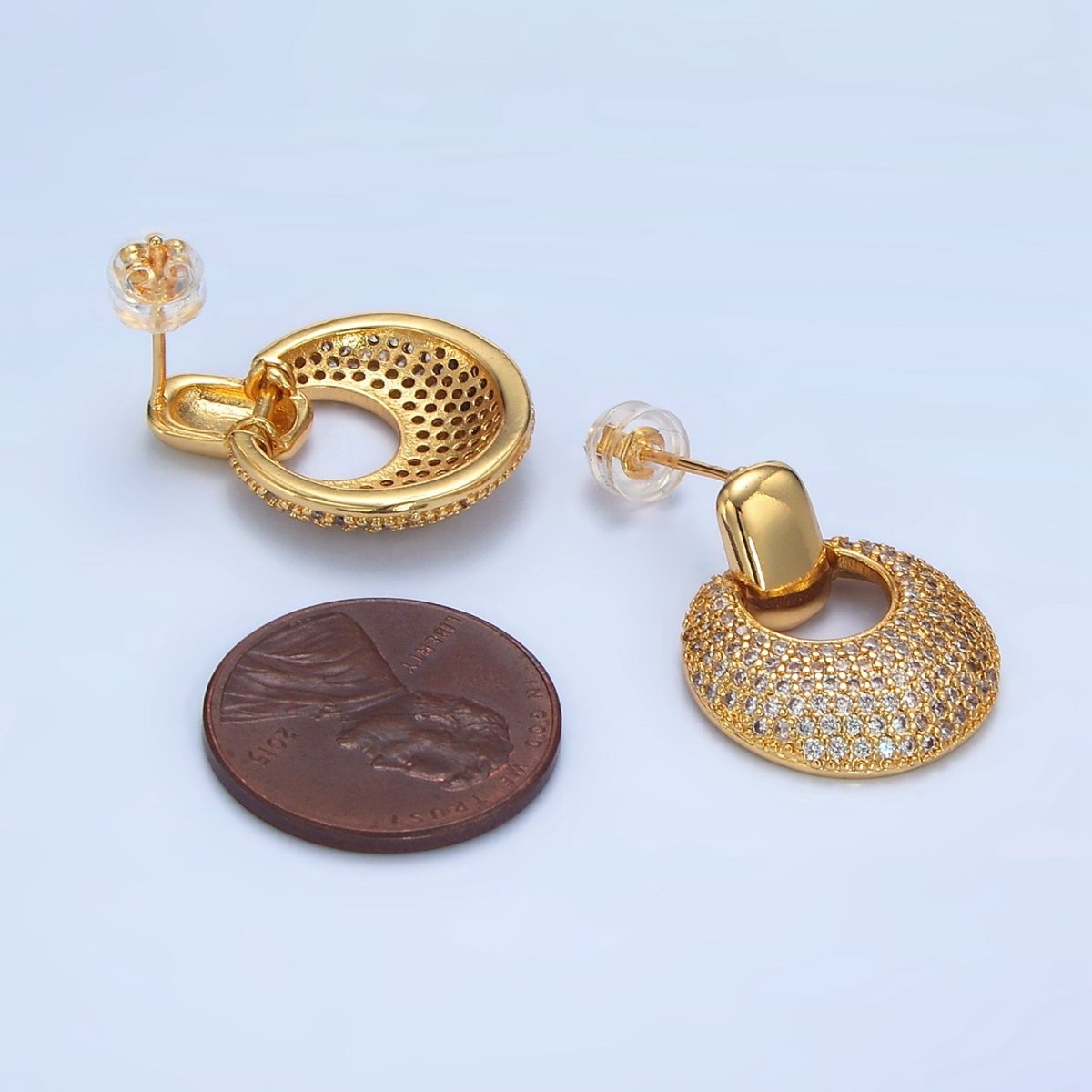 24K Gold Filled Dome Micro Paved CZ Door Knocker Drop Stud Earrings in Gold & Silver | P113 P121