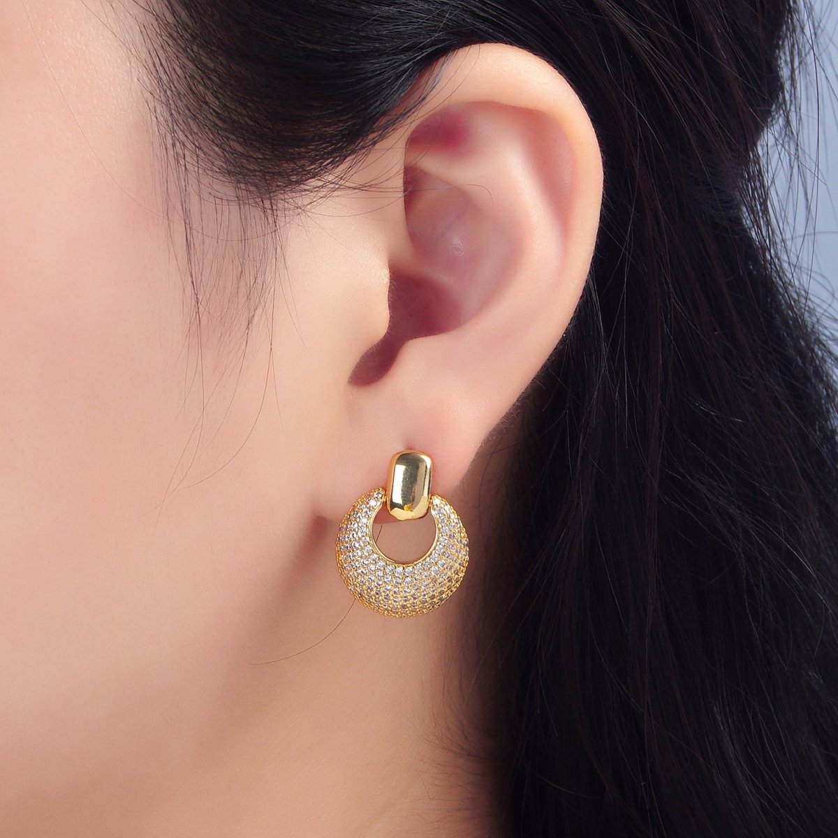 24K Gold Filled Dome Micro Paved CZ Door Knocker Drop Stud Earrings in Gold & Silver | P113 P121
