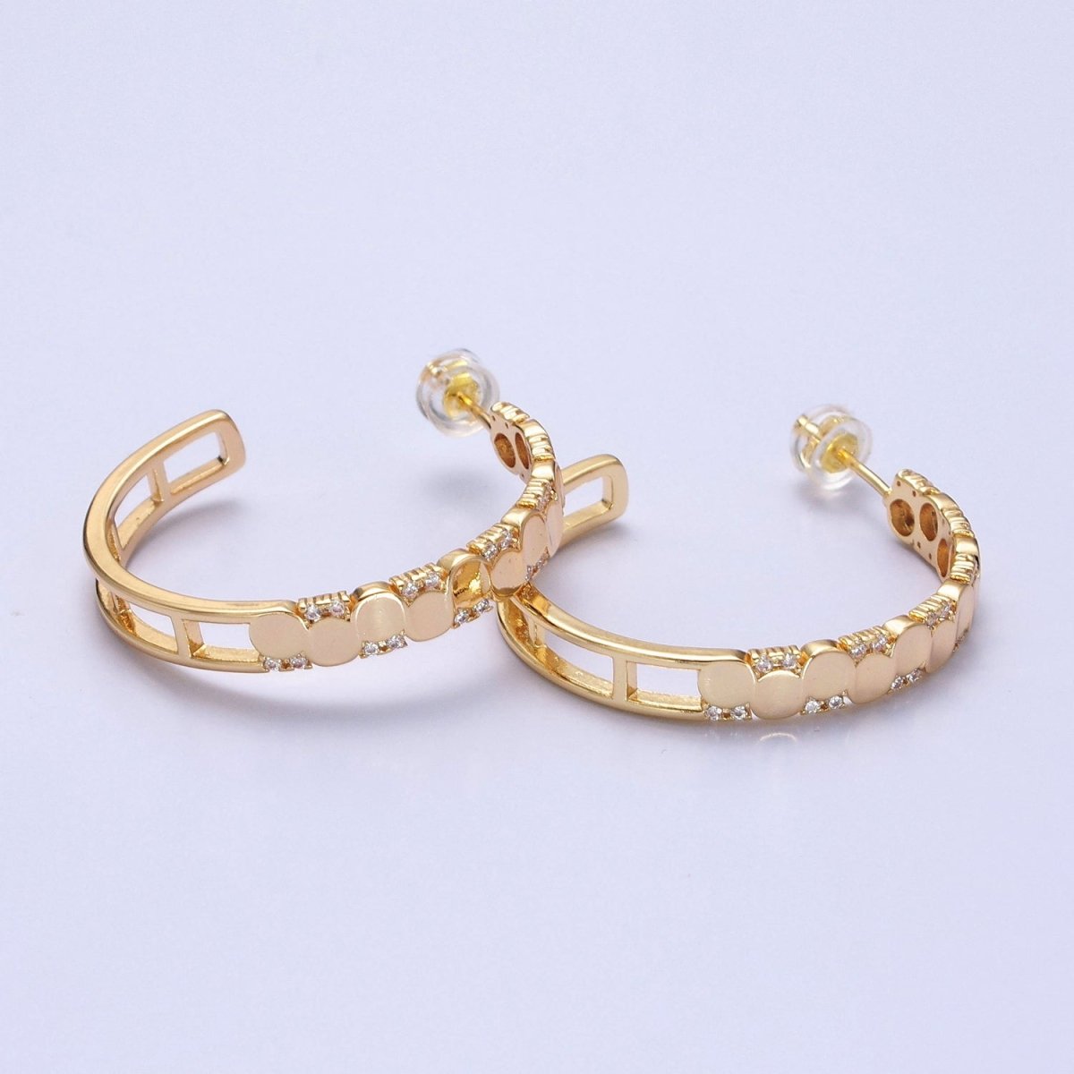 24K Gold Filled Dotted CZ Geometric C-Shaped Hoop Earrings in Gold & Silver | AB352 AB353