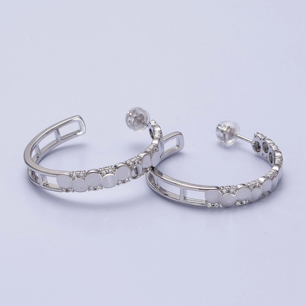 24K Gold Filled Dotted CZ Geometric C-Shaped Hoop Earrings in Gold & Silver | AB352 AB353