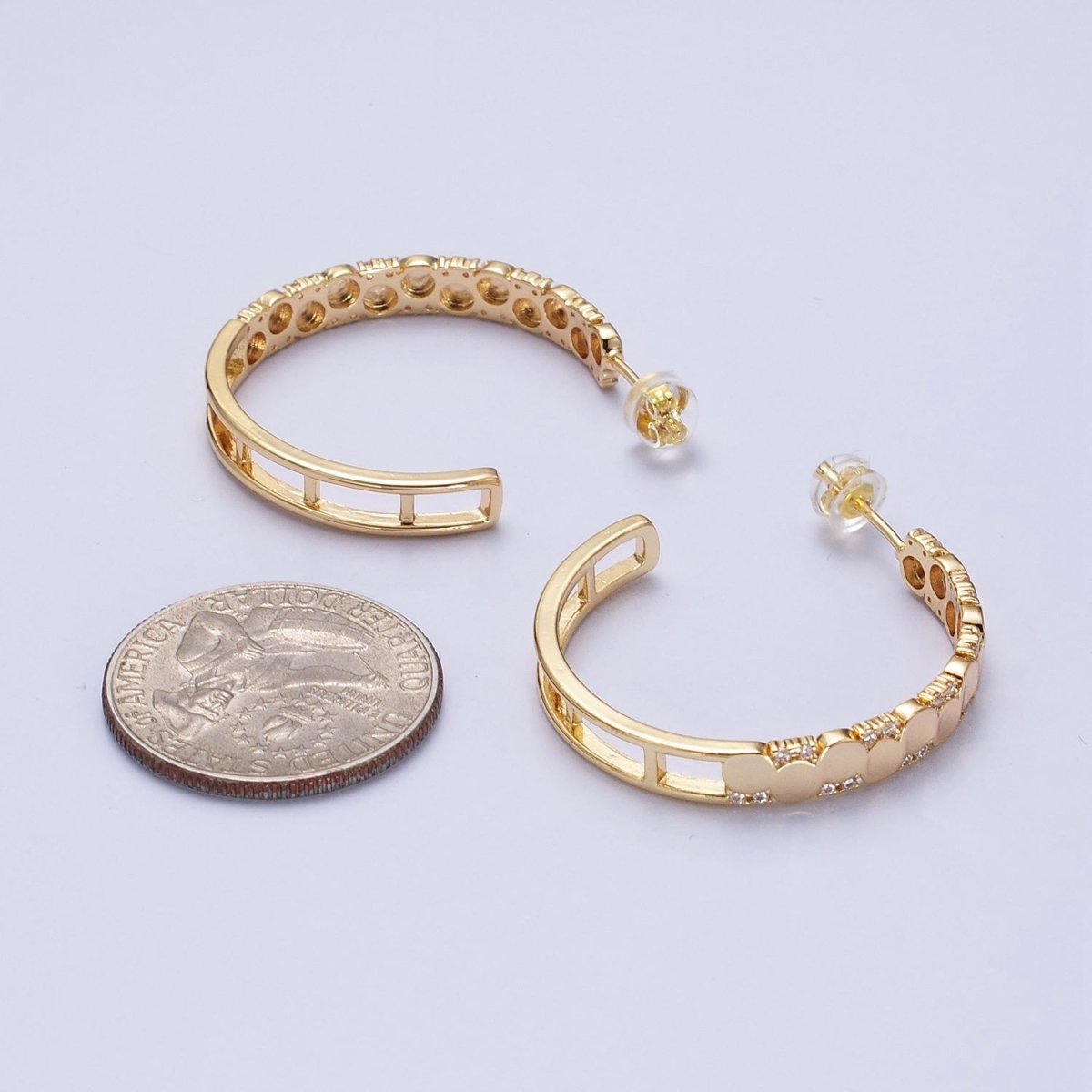 24K Gold Filled Dotted CZ Geometric C-Shaped Hoop Earrings in Gold & Silver | AB352 AB353