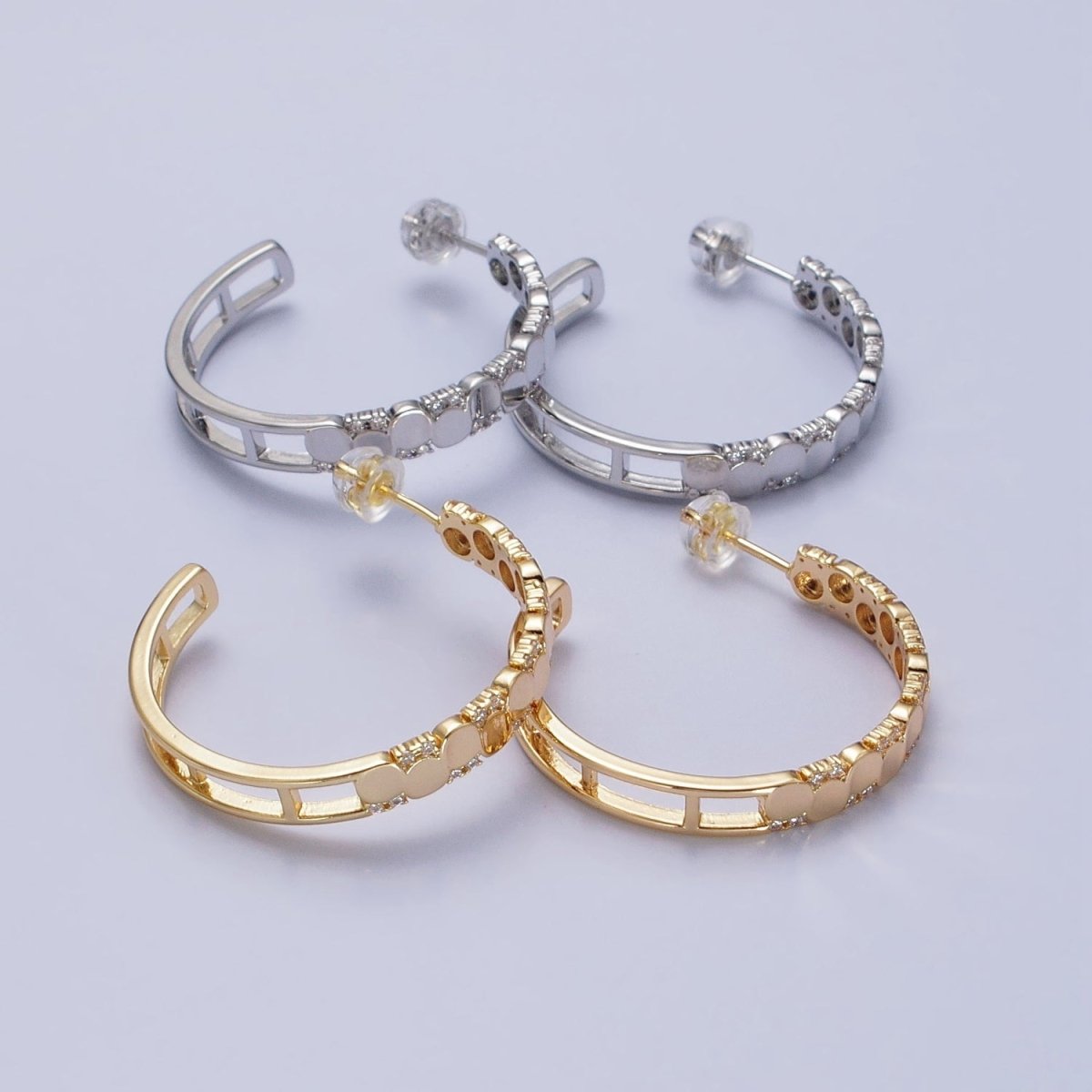 24K Gold Filled Dotted CZ Geometric C-Shaped Hoop Earrings in Gold & Silver | AB352 AB353