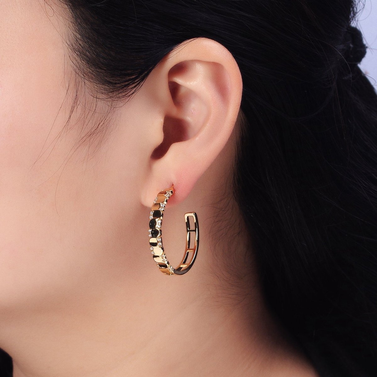 24K Gold Filled Dotted CZ Geometric C-Shaped Hoop Earrings in Gold & Silver | AB352 AB353