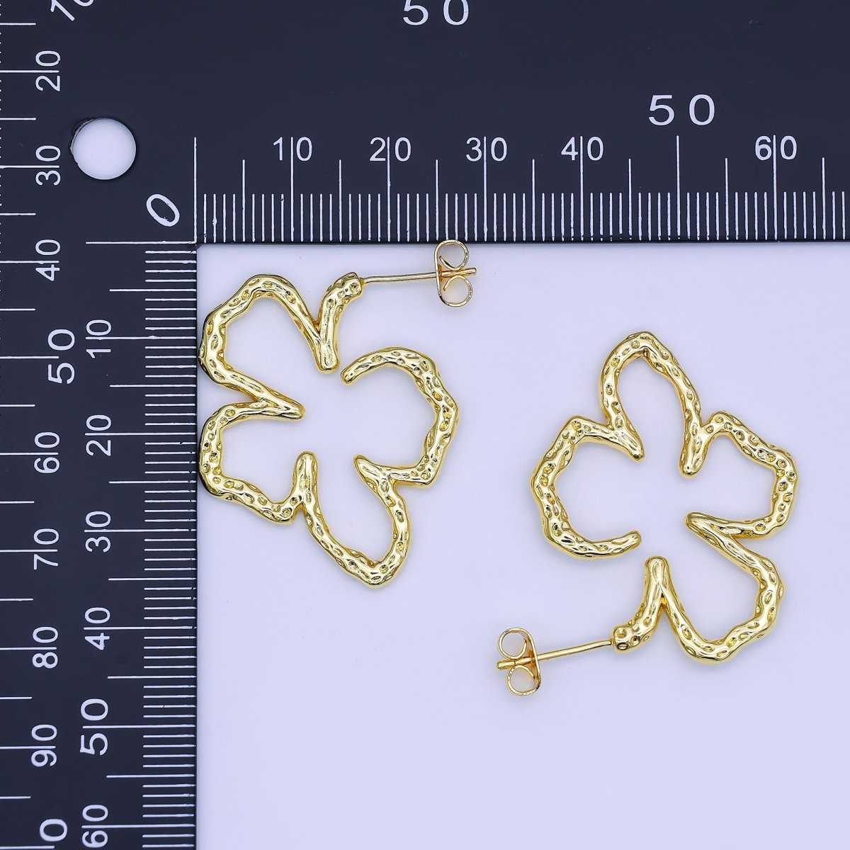 24K Gold Filled Dotted - Hammered Open Flower Drop Stud Earrings | AI497 - DLUXCA