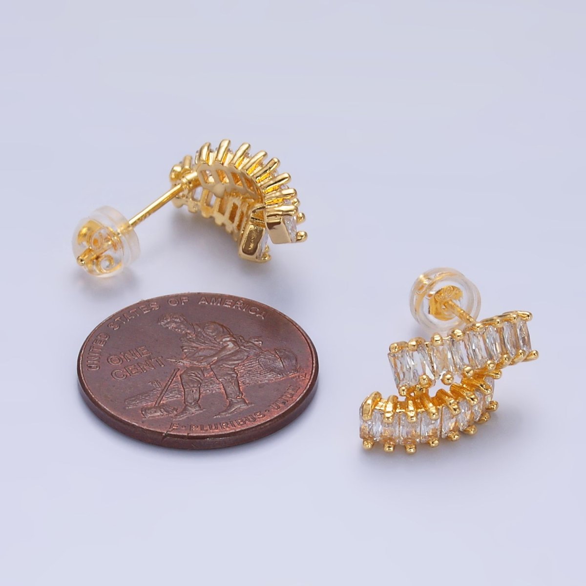 24K Gold Filled Double Baguette CZ Linear C - Shaped Hoop Earring | AB1009 - DLUXCA