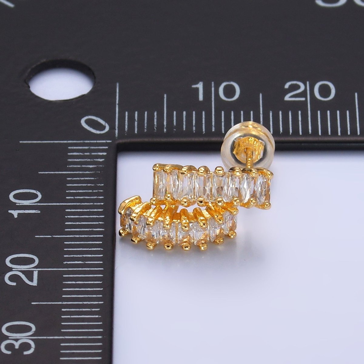 24K Gold Filled Double Baguette CZ Linear C - Shaped Hoop Earring | AB1009 - DLUXCA