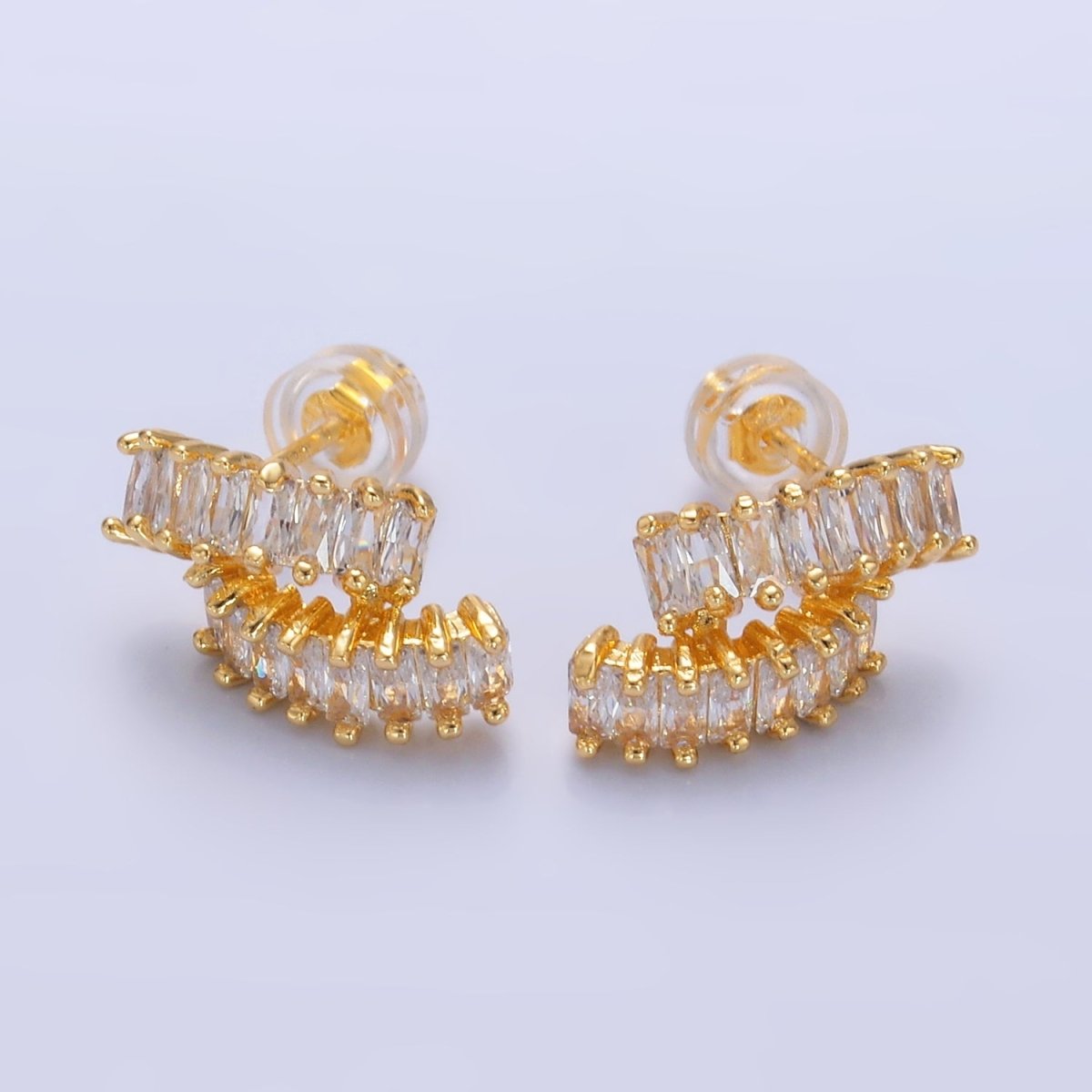 24K Gold Filled Double Baguette CZ Linear C - Shaped Hoop Earring | AB1009 - DLUXCA