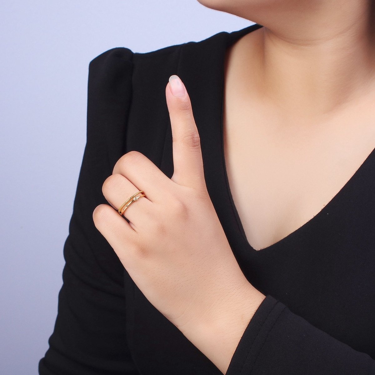 24K Gold Filled Double Band Beaded & Clear Cubic Zirconia Stone Adjustable Gold Ring | X-584 - DLUXCA