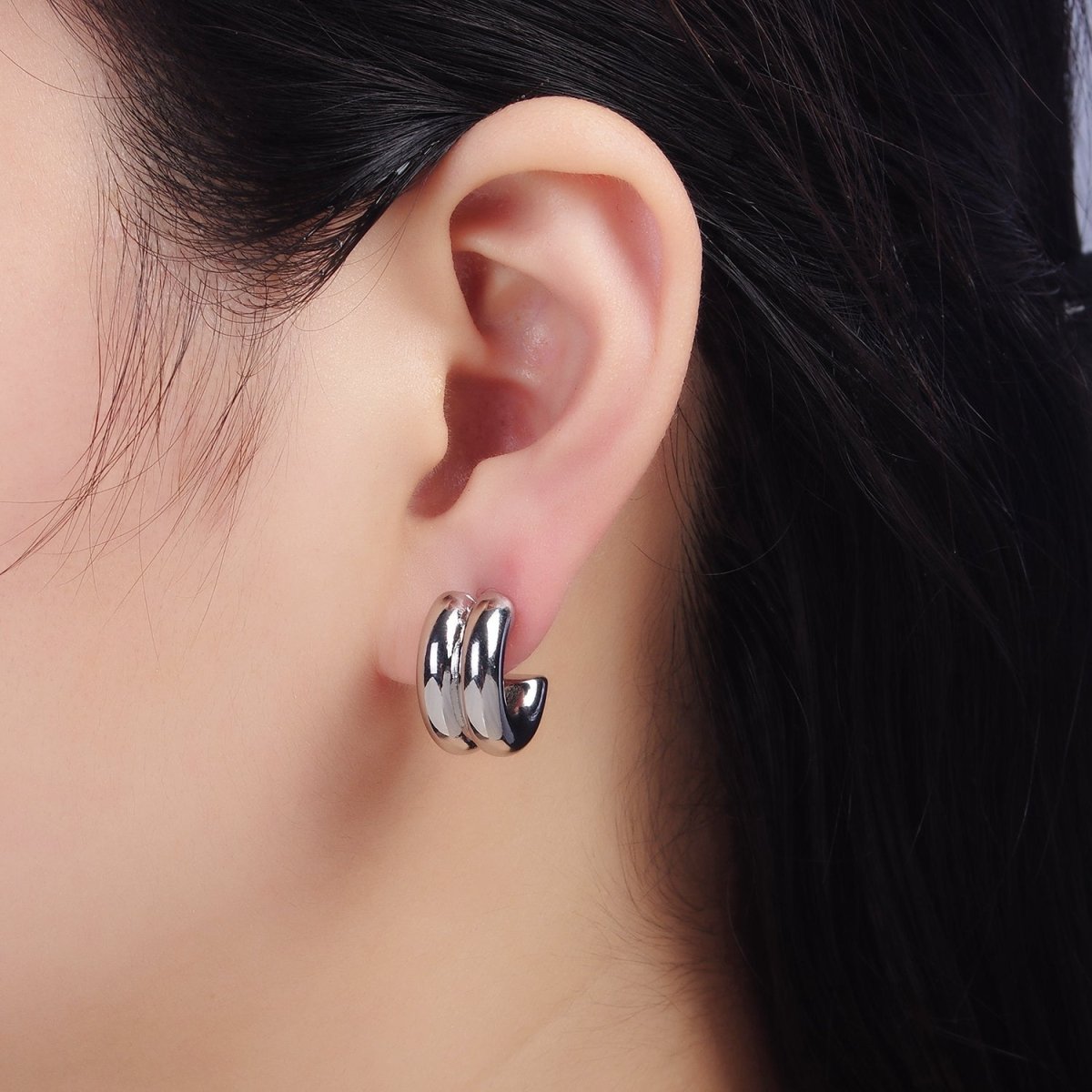 24K Gold Filled Double Band C-Shaped Hoop Earrings in Gold, Silver & Mixed Metal | T316 - T318