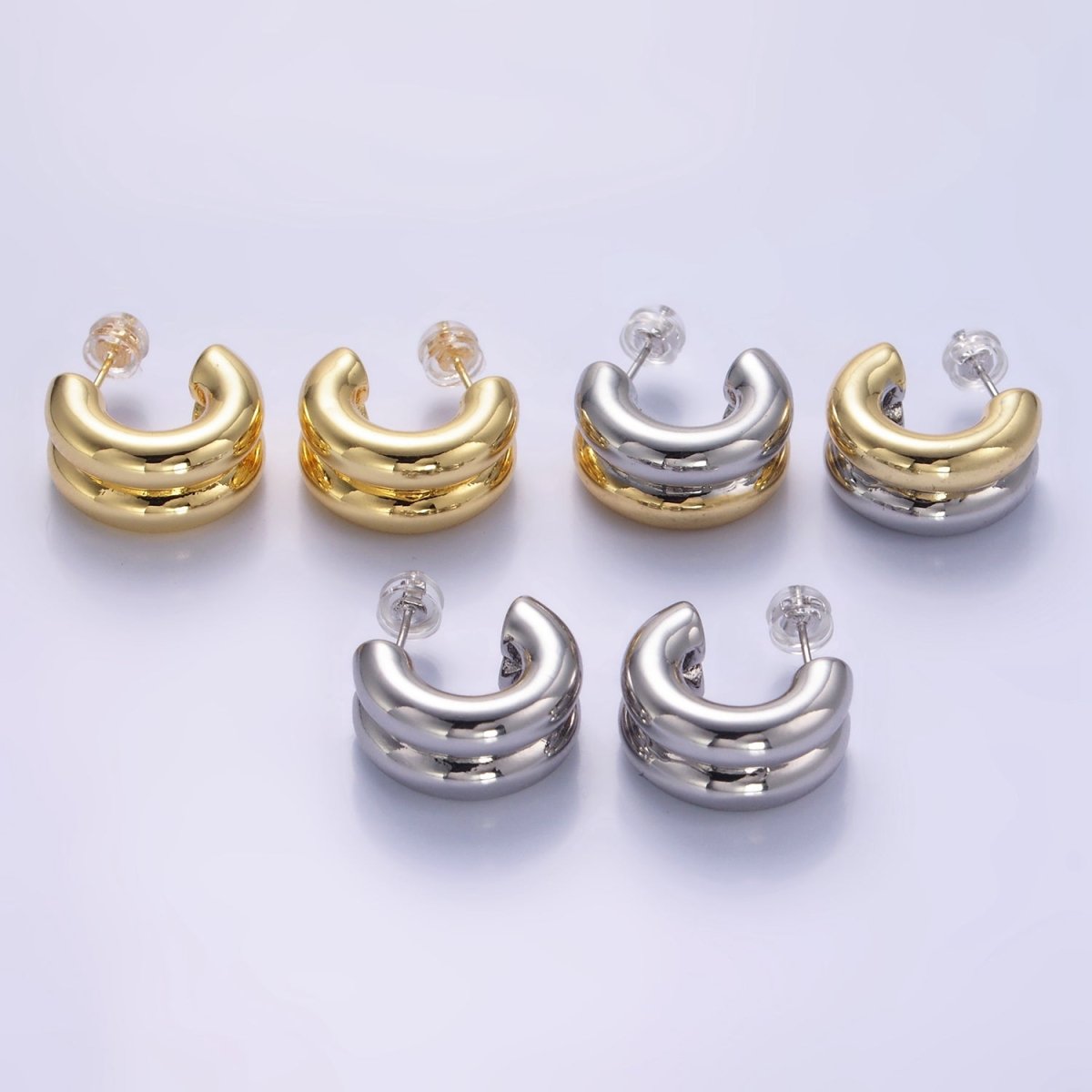 24K Gold Filled Double Band C-Shaped Hoop Earrings in Gold, Silver & Mixed Metal | T316 - T318