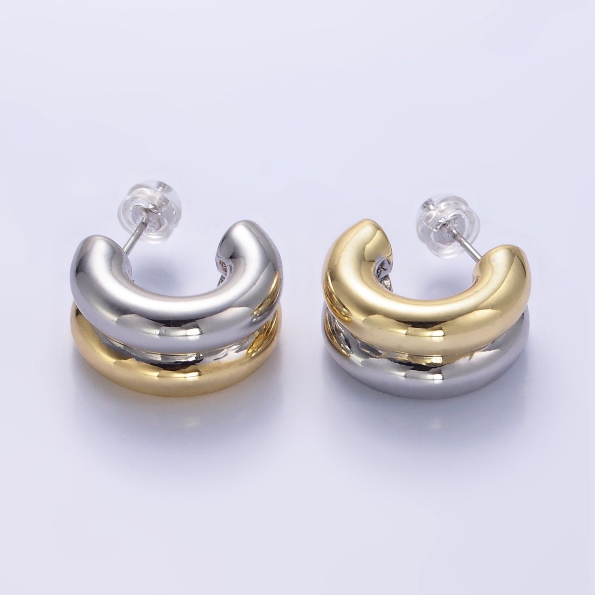 24K Gold Filled Double Band C-Shaped Hoop Earrings in Gold, Silver & Mixed Metal | T316 - T318