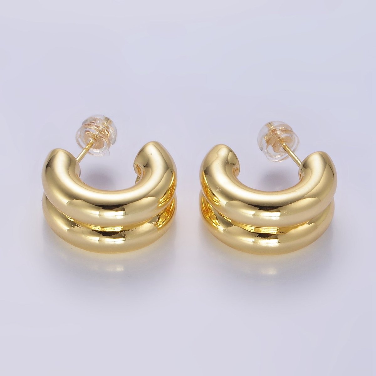 24K Gold Filled Double Band C-Shaped Hoop Earrings in Gold, Silver & Mixed Metal | T316 - T318