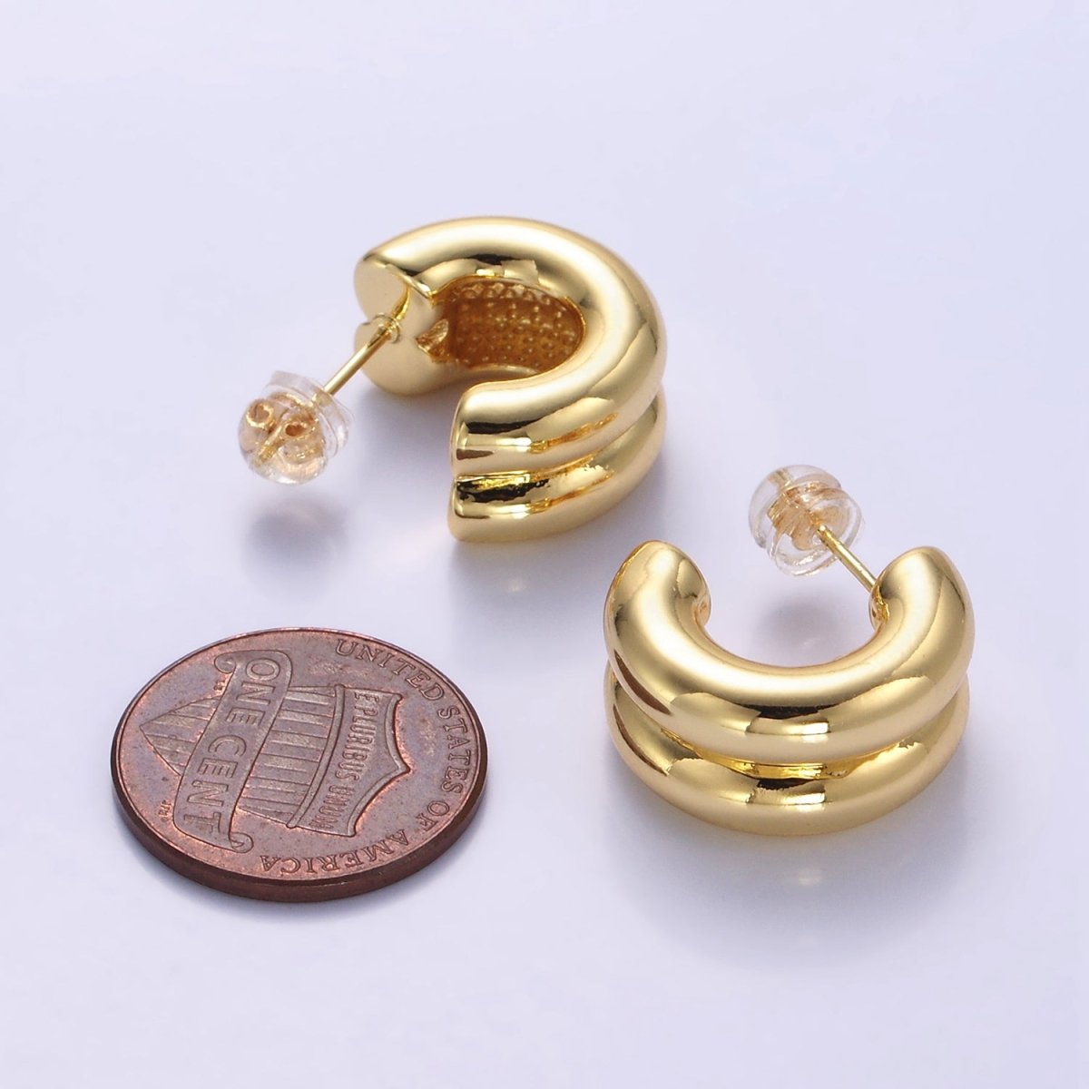 24K Gold Filled Double Band C-Shaped Hoop Earrings in Gold, Silver & Mixed Metal | T316 - T318