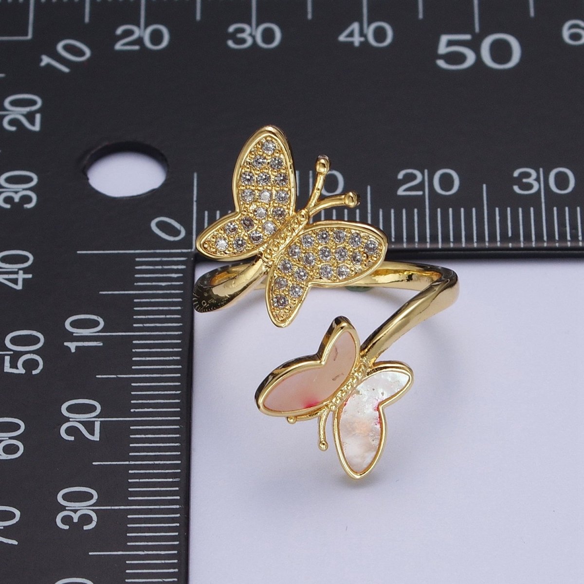24K Gold Filled Double Butterfly Mariposa Pink Opal Micro Paved Cubic Zirconia Adjustable Garden Insect Ring | P-410 - DLUXCA