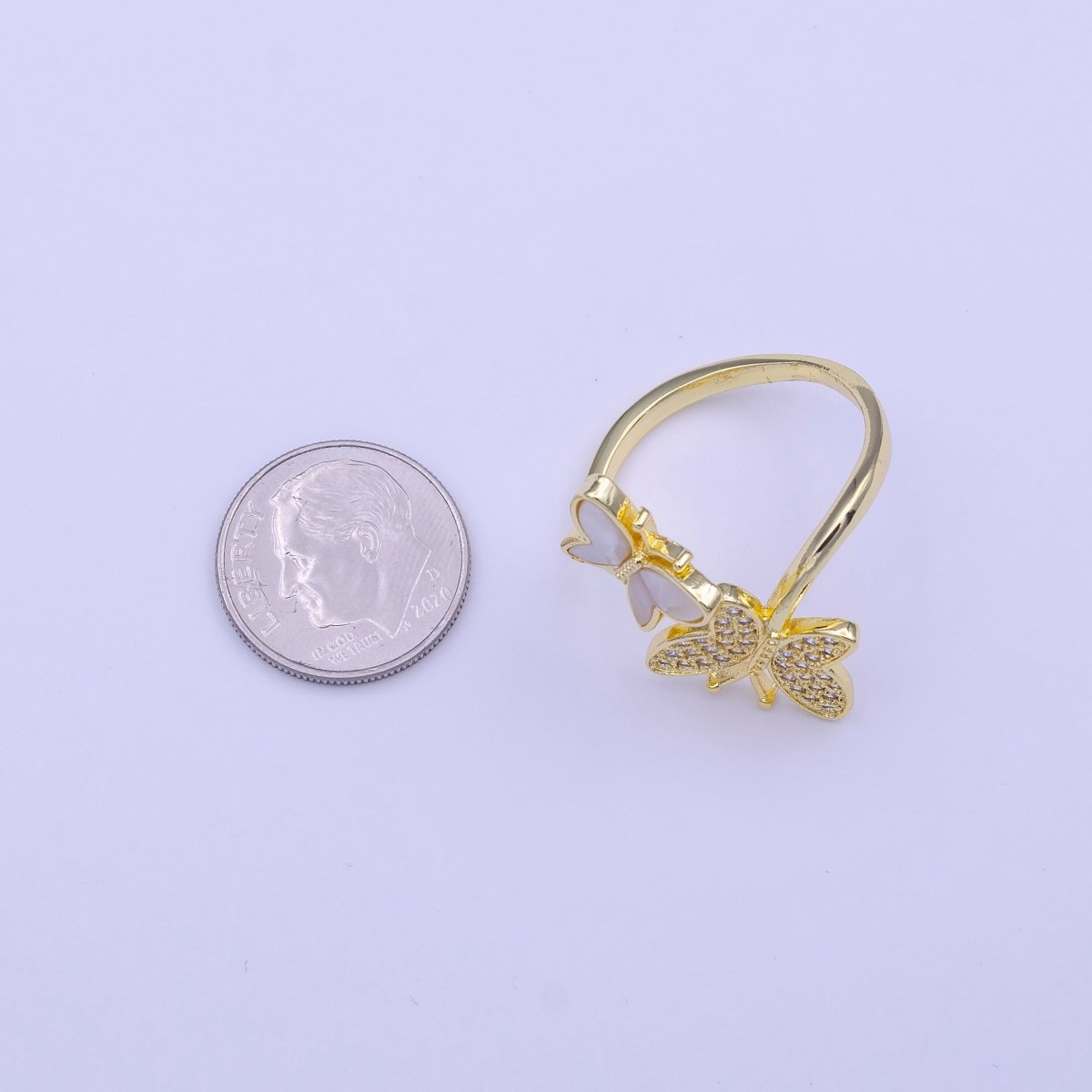 24K Gold Filled Double Butterfly Shell Pearl & Micro Paved CZ Adjustable Ring | O-134