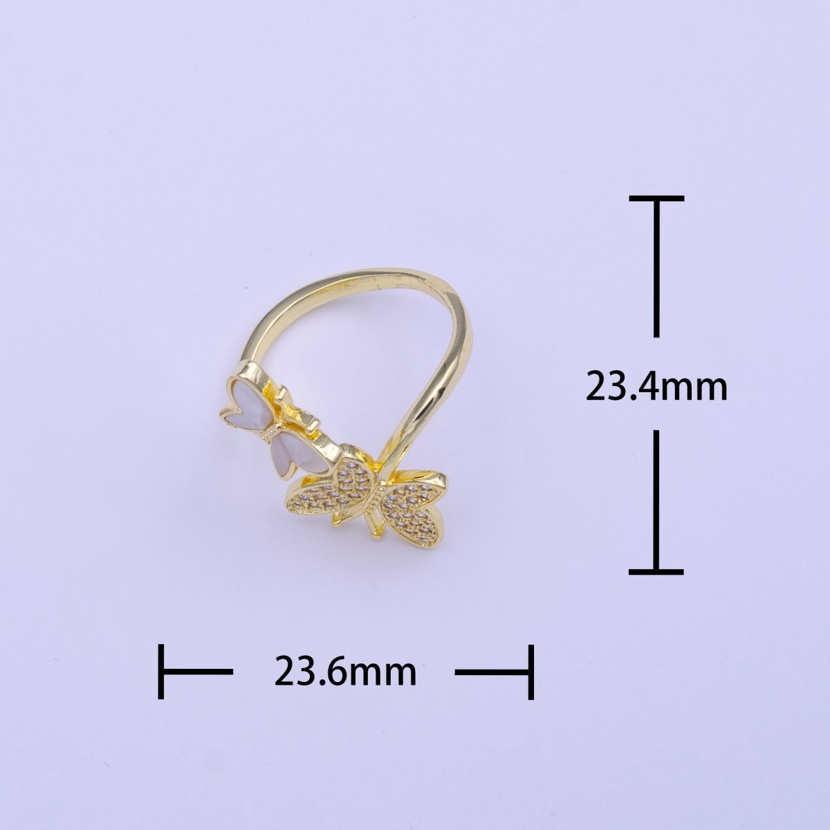 24K Gold Filled Double Butterfly Shell Pearl & Micro Paved CZ Adjustable Ring | O-134
