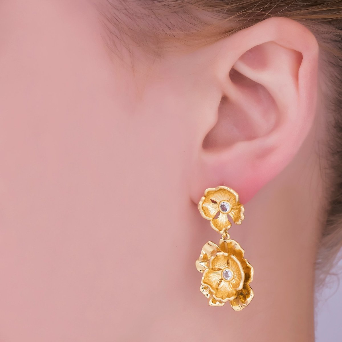 24K Gold Filled Double Clear CZ Molten Foil Flower Drop Stud Earrings | AI502 - DLUXCA
