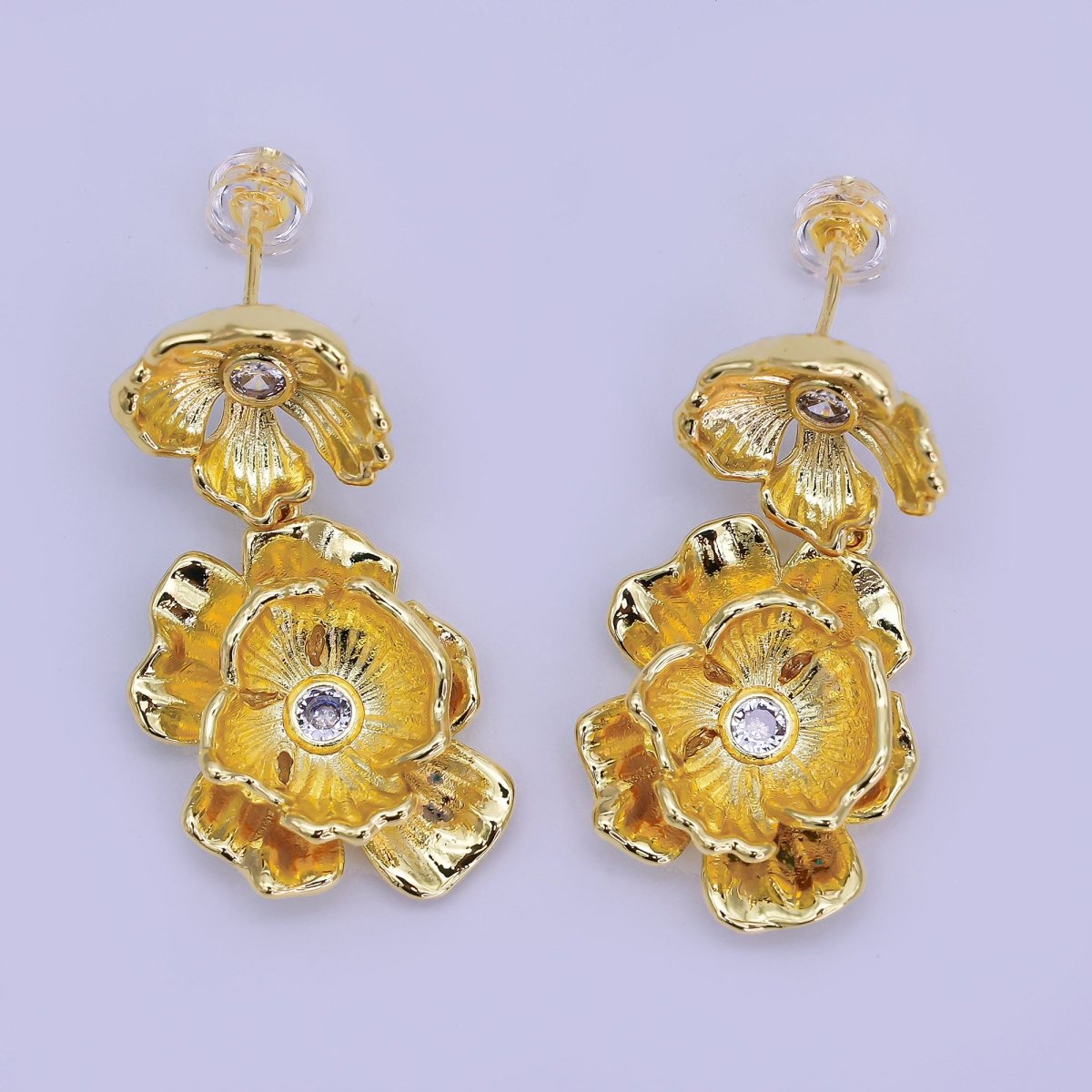 24K Gold Filled Double Clear CZ Molten Foil Flower Drop Stud Earrings | AI502 - DLUXCA