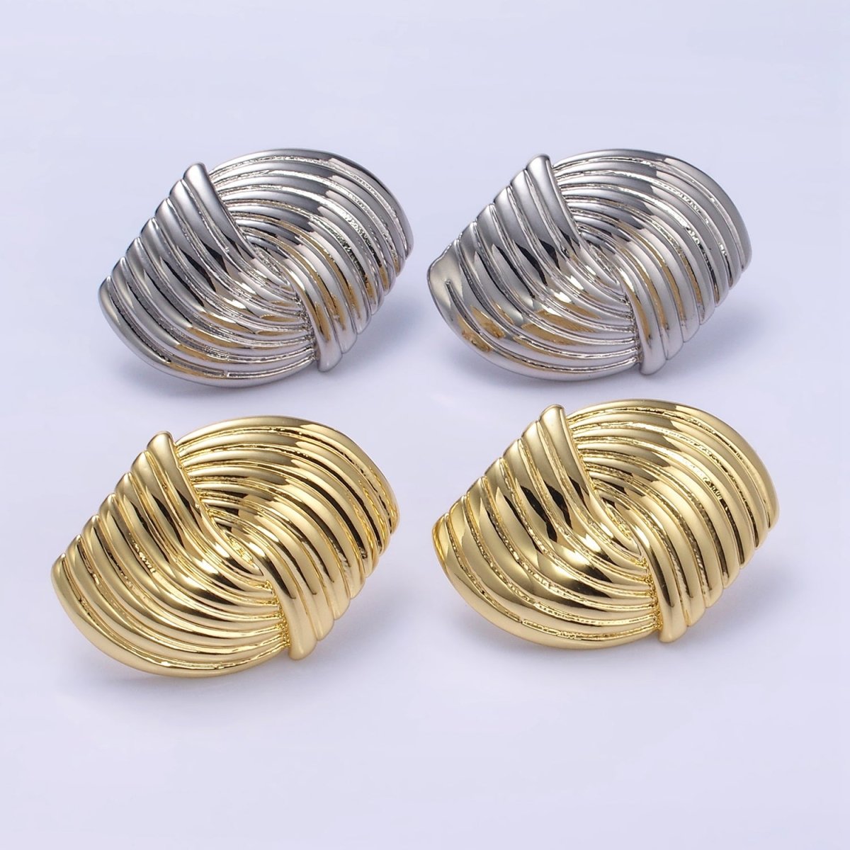 24K Gold Filled Double Curved Puffed Lined Geometric Stud Earrings in Gold & Silver | T314 T315